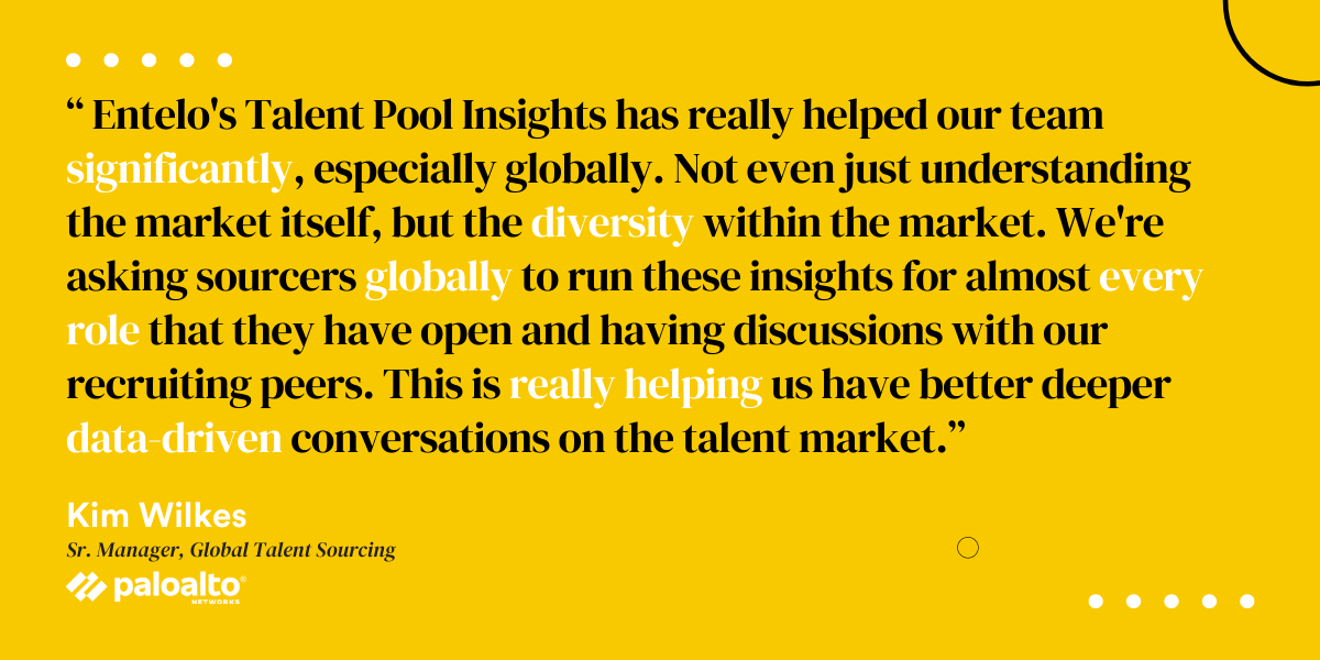 Entelos Talent Pool Insights has really helped our team significantly, especially globally. Not even just understanding the market itself, but the diversity within the market. Were asking sourcers globally to run t